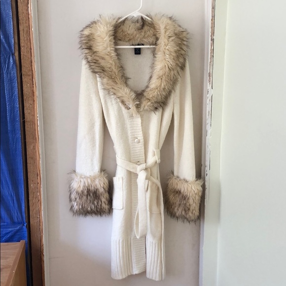 Boston Proper Sweaters - Boston Proper Cream Long Sweater with fur detail